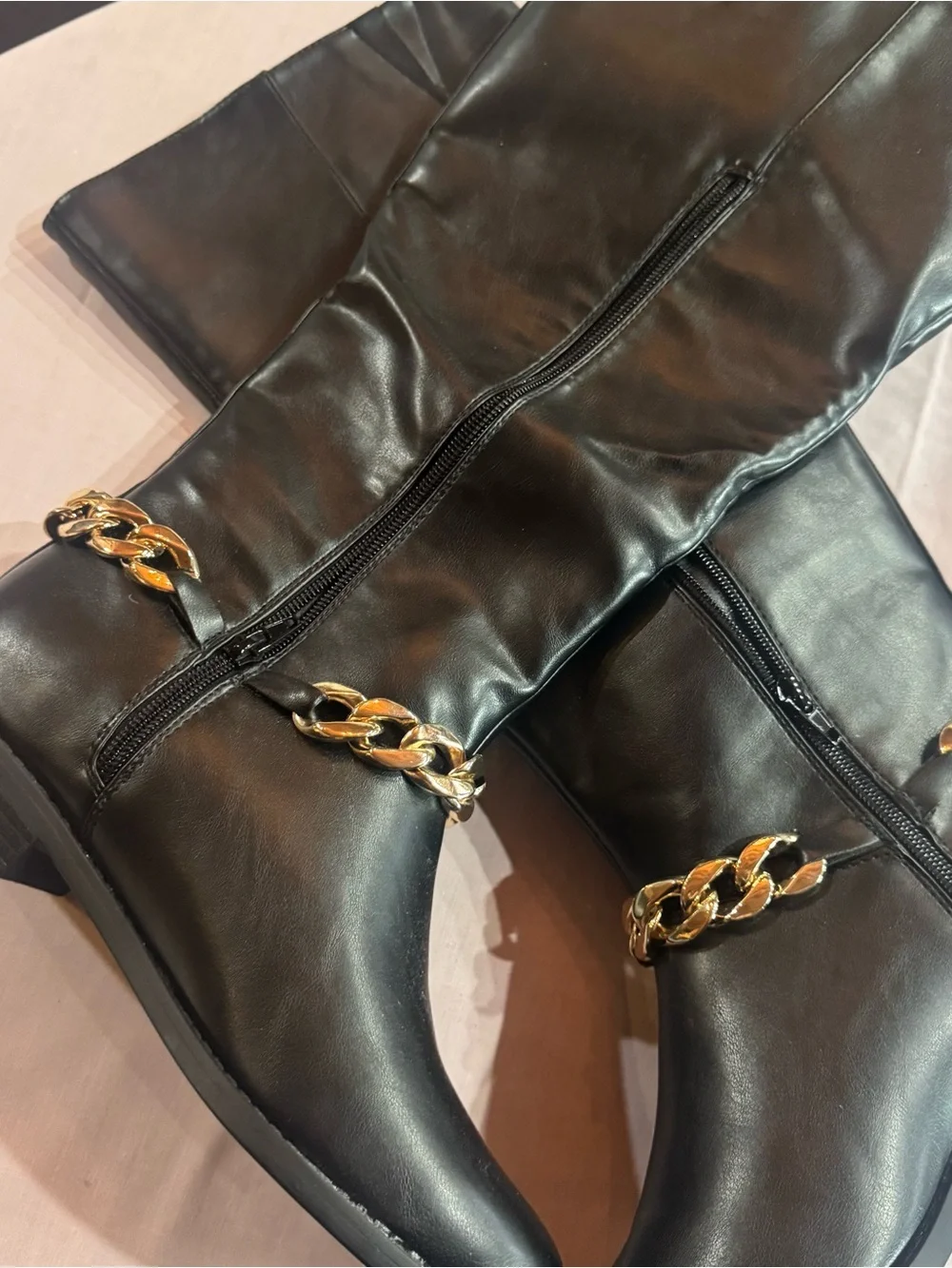 NEW  WITHOUT TAGSWomen's Black Over-the-Knee Boots with Gold Chain Accent